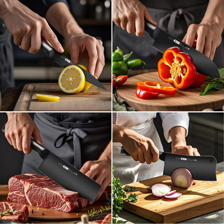 7pcs All-Steel Hollow Handle Kitchen Knife Set-Includes Cleaver,Slicer, Chef's Knife,and Fruit Knife.Round knife holder Home Use