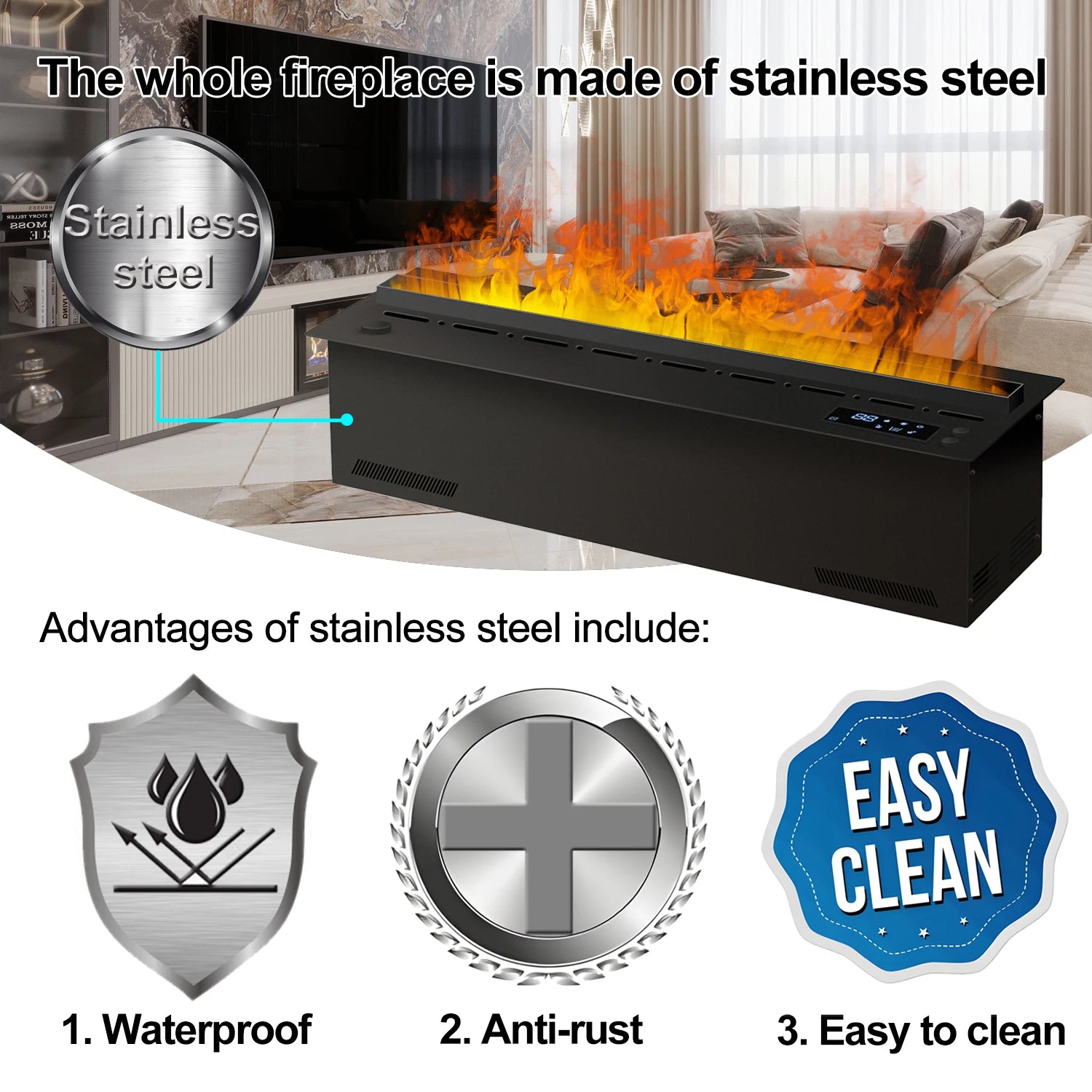 3D Steam Electric Fireplace with App Control Smart LED Flame Water Vapor Humidifier for Bedroom Living Room TV Decor