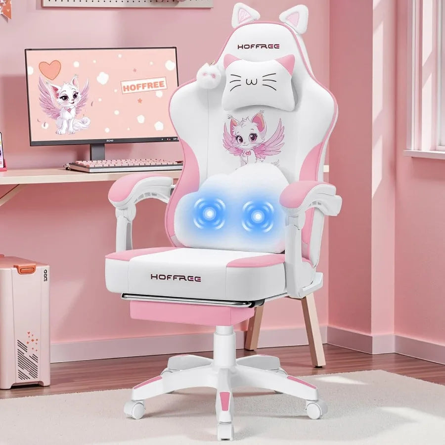 Pink Gaming Chair with Cat Ears and Cloud Massage Lumbar Ergonomic Cute Computer Chair for Girls with Footrest Comfortable Recl