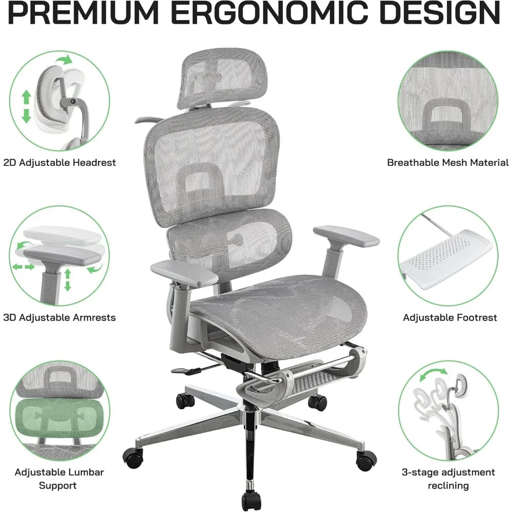 mesh ergonomic office chair with footrest,high back mesh gaming chair with lumbar support,adjustable headrest and armrests for h