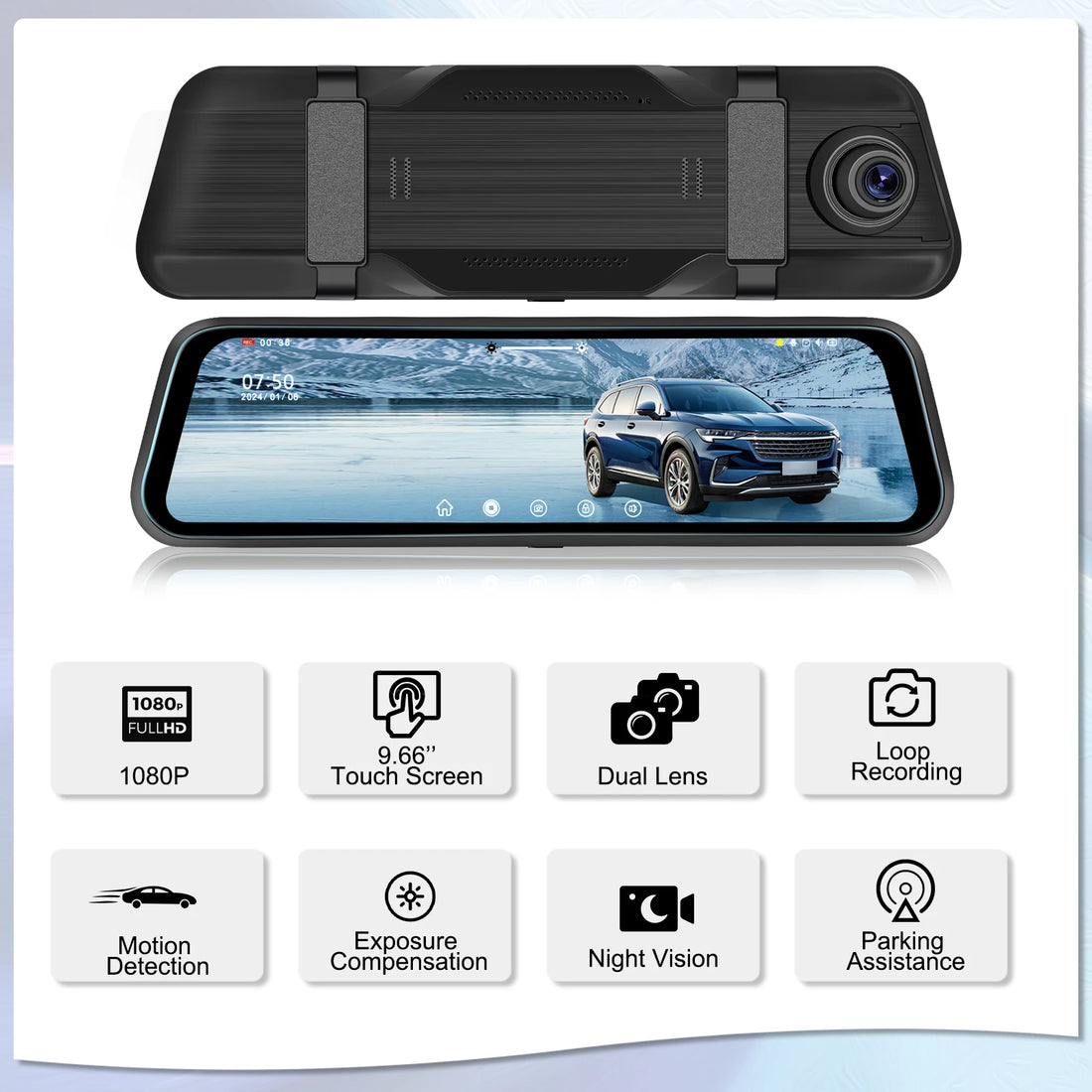 Podofo 9.66Inch Dash Cam 1080P Car DVR Dual Lens HD Rear View Mirror Car Recorder Loop Recording Motion Detection Night Vision