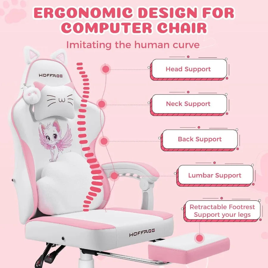 Pink Gaming Chair with Cat Ears and Cloud Massage Lumbar Ergonomic Cute Computer Chair for Girls with Footrest Comfortable Recl