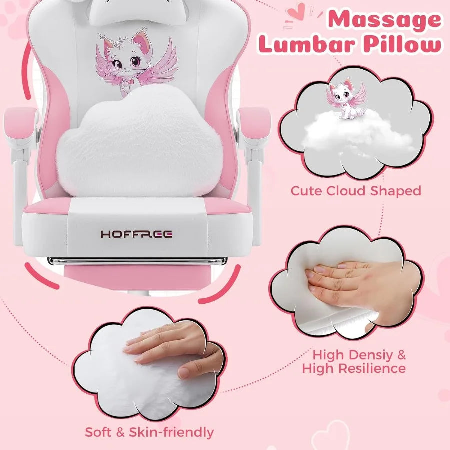 Pink Gaming Chair with Cat Ears and Cloud Massage Lumbar Ergonomic Cute Computer Chair for Girls with Footrest Comfortable Recl