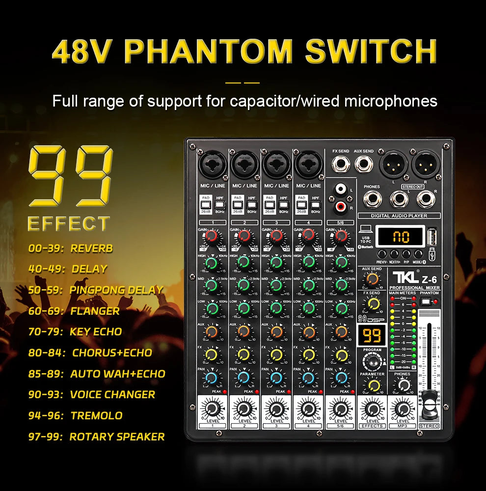 TKLBLS 6-Channel Professional Audio Mixer with DSP & Bluetooth
