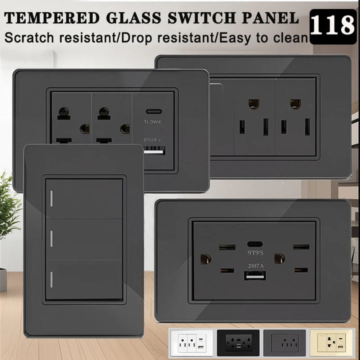 118*75mm Tempered Glass Socket US Wall Socket Thai USB Socket Plug with Dual USB Type-C Ports,Light Switch 110V