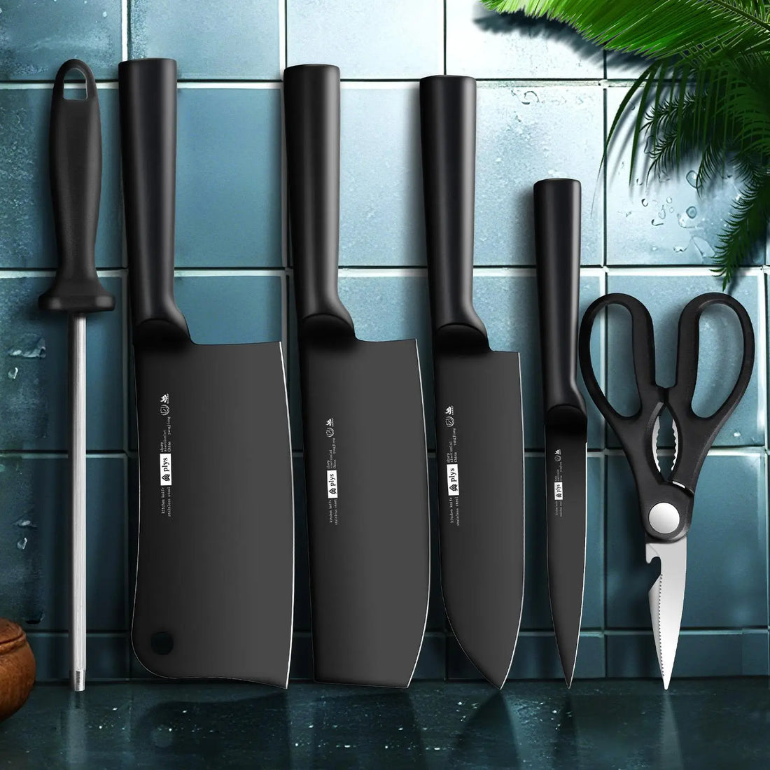 7pcs All-Steel Hollow Handle Kitchen Knife Set-Includes Cleaver,Slicer, Chef's Knife,and Fruit Knife.Round knife holder Home Use