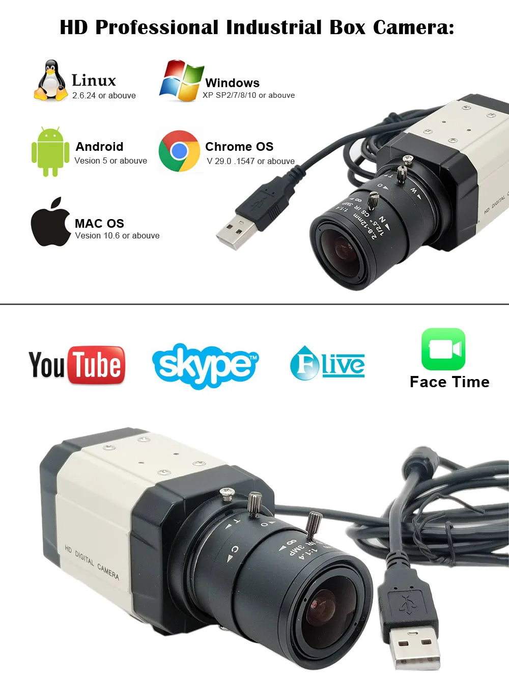 SUFCO 4MP USB WEBCam PC Camera 30fps 2560x1440 MJPG High Speed UVC BOX Camera Varifocal Zoom Lens 2.8-12mm/5-50mm or fix 6mmLens