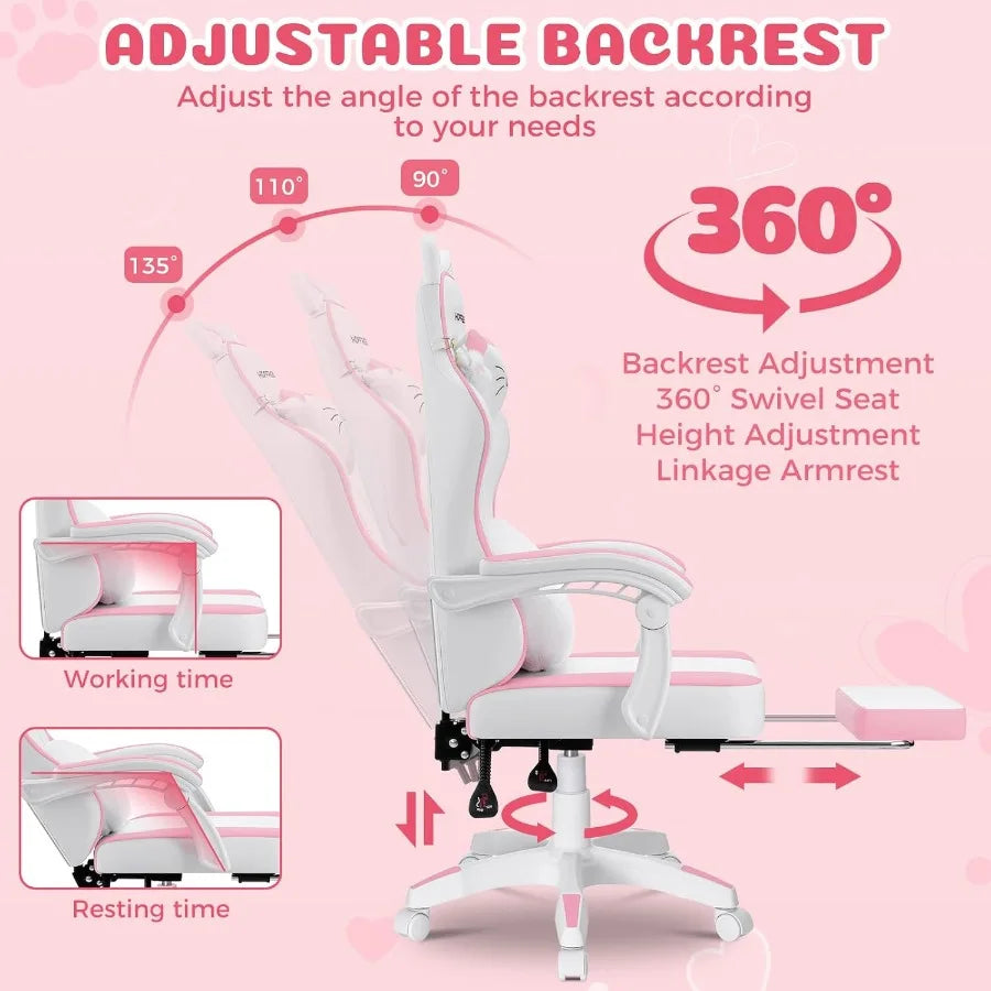 Pink Gaming Chair with Cat Ears and Cloud Massage Lumbar Ergonomic Cute Computer Chair for Girls with Footrest Comfortable Recl