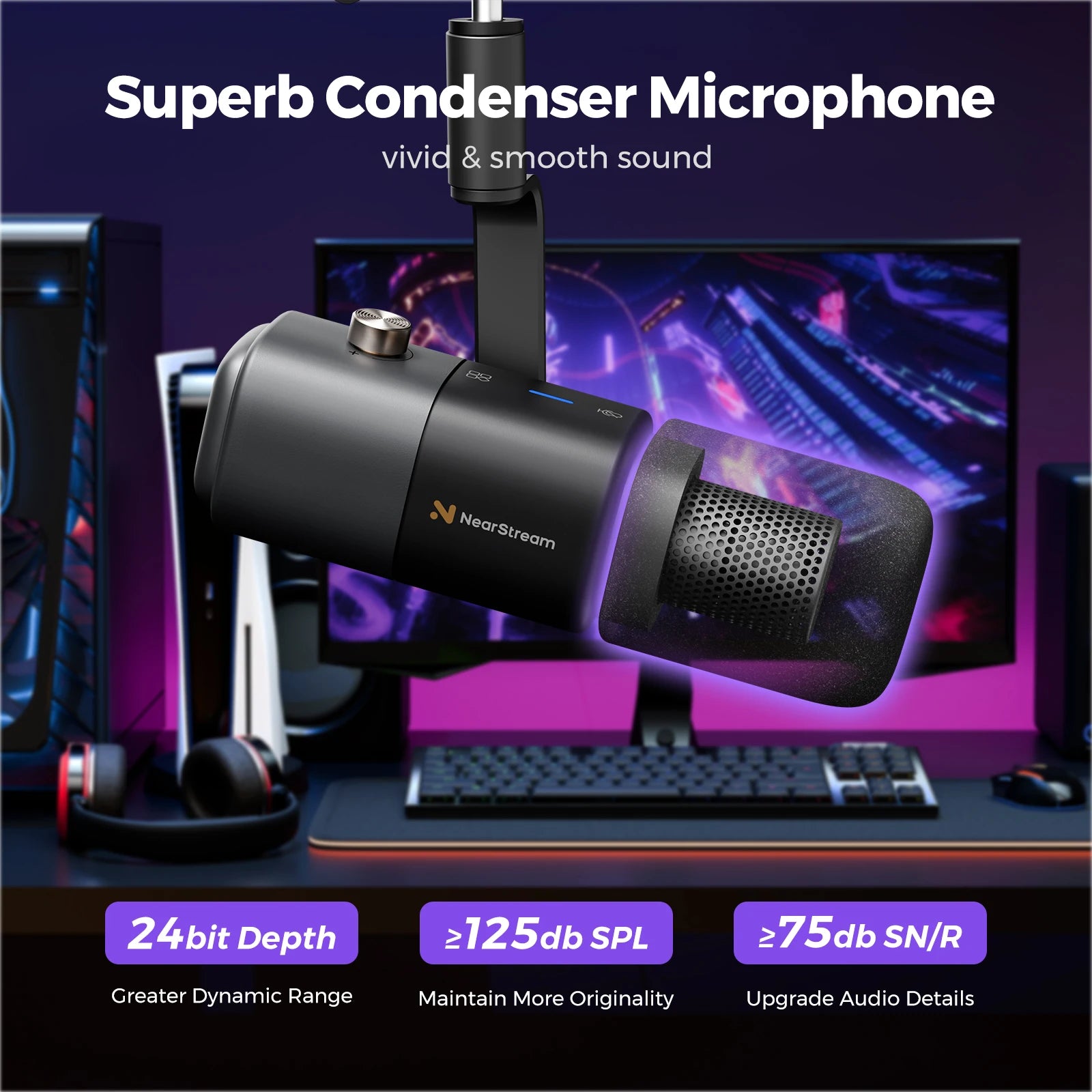 NearStream USB XLR Condenser Mic Boom Arm Plug-and-Play Professional Microphone pc for Streaming Podcast Studio set Recording