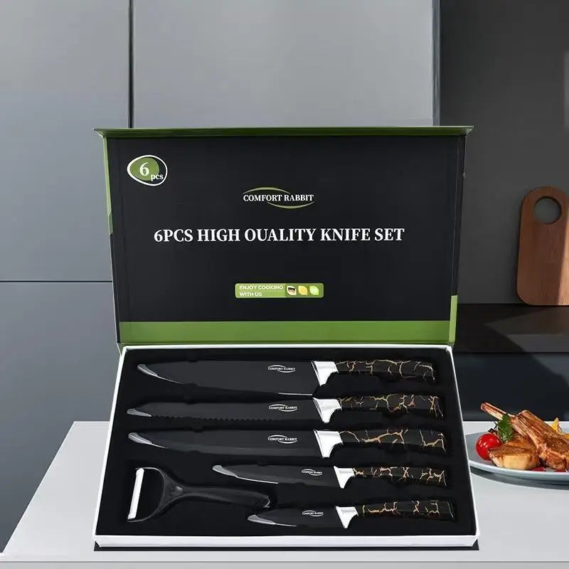 Kitchen knife set, stainless steel non-stick knife, black-edged marble rose gold six-piece set, 2025 explosion
