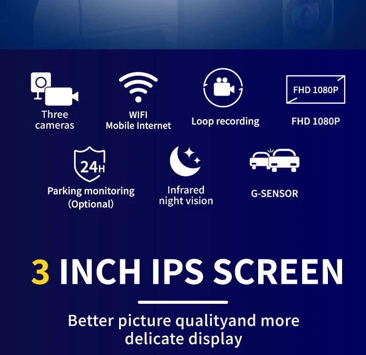 Car Dvr HD 1080P Dash Cam 3Lens Front Inside Rear Wide Angle Loop Recording Night Vision G-sensor Camera Vehicle Accessories